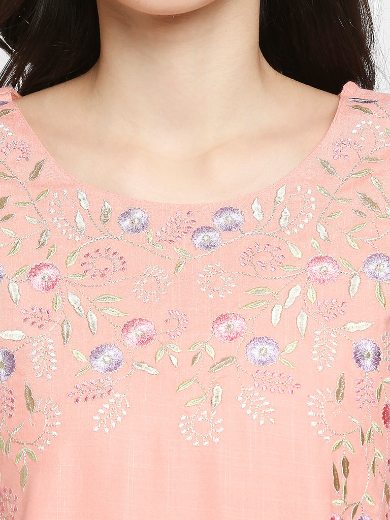 Women's Peach Viscose Embroidered Kurta