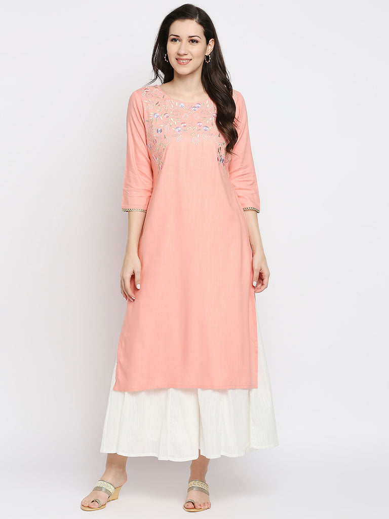Women's Peach Viscose Embroidered Kurta
