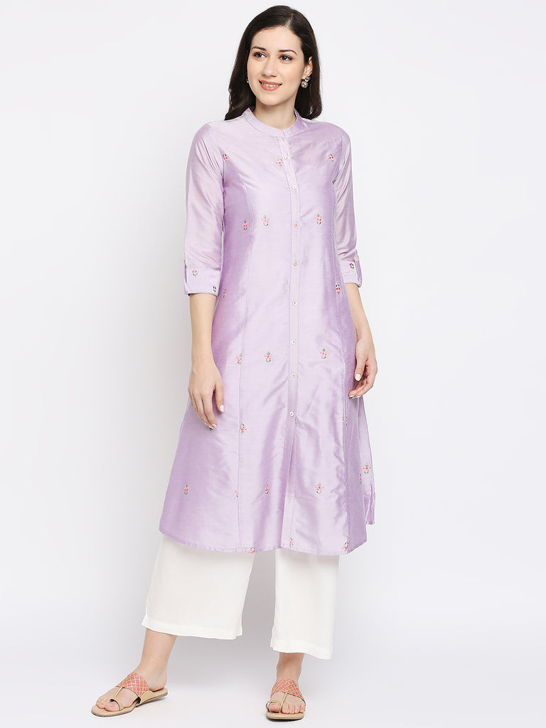 Women's Lavender Viscose Embroidered Kurta