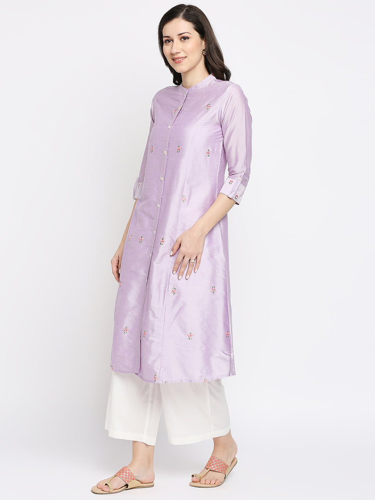 Women's Lavender Viscose Embroidered Kurta
