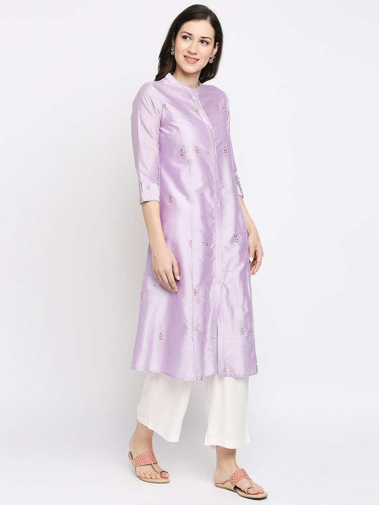Women's Lavender Viscose Embroidered Kurta