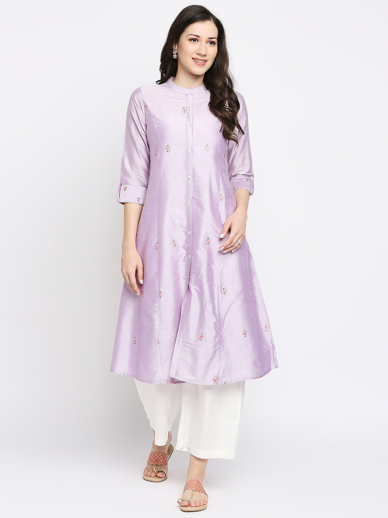 Women's Lavender Viscose Embroidered Kurta