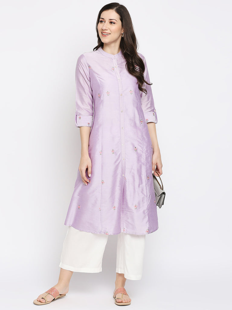 Women's Lavender Viscose Embroidered Kurta