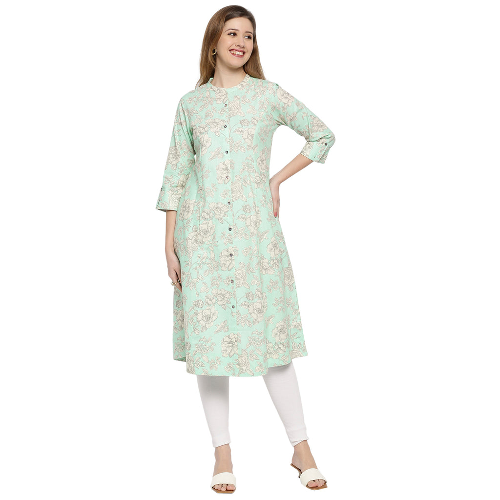 Women's Green Cotton Embroidered Kurta
