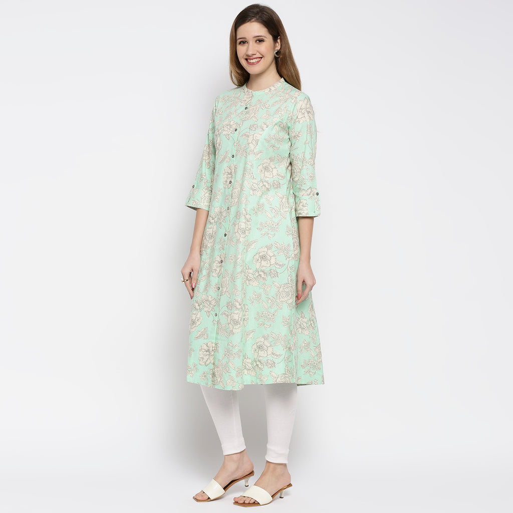 Women's Green Cotton Embroidered Kurta