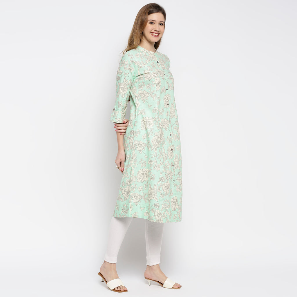 Women's Green Cotton Embroidered Kurta