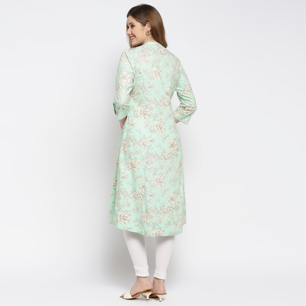 Women's Green Cotton Embroidered Kurta
