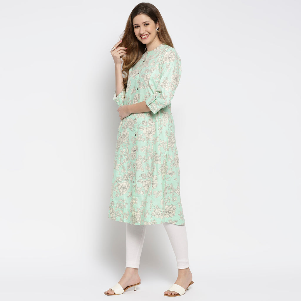 Women's Green Cotton Embroidered Kurta