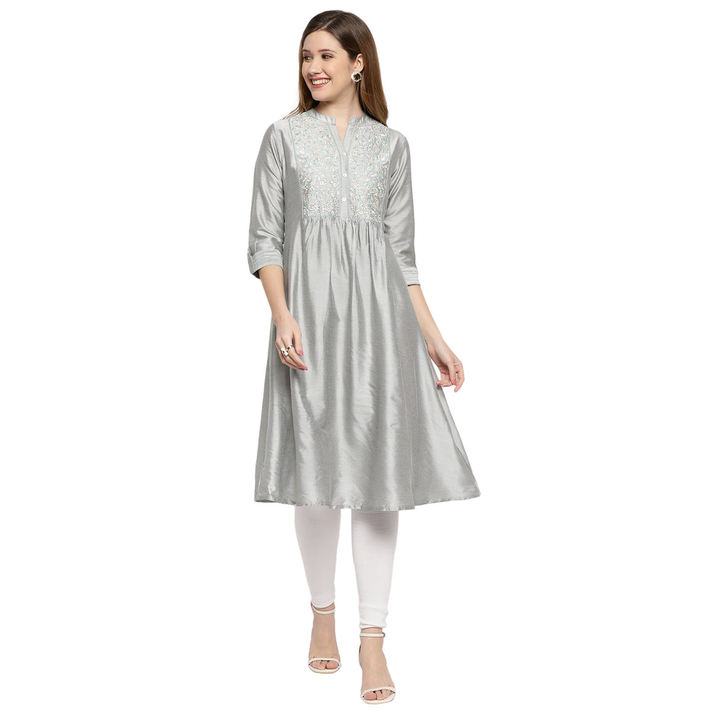 Women's Grey Viscose Embroidered Kurta