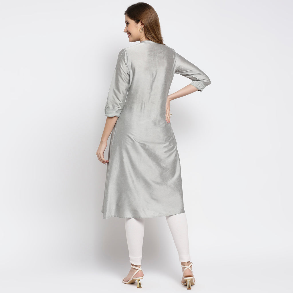 Women's Grey Viscose Embroidered Kurta