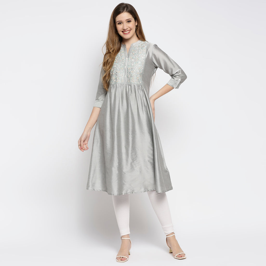 Women's Grey Viscose Embroidered Kurta