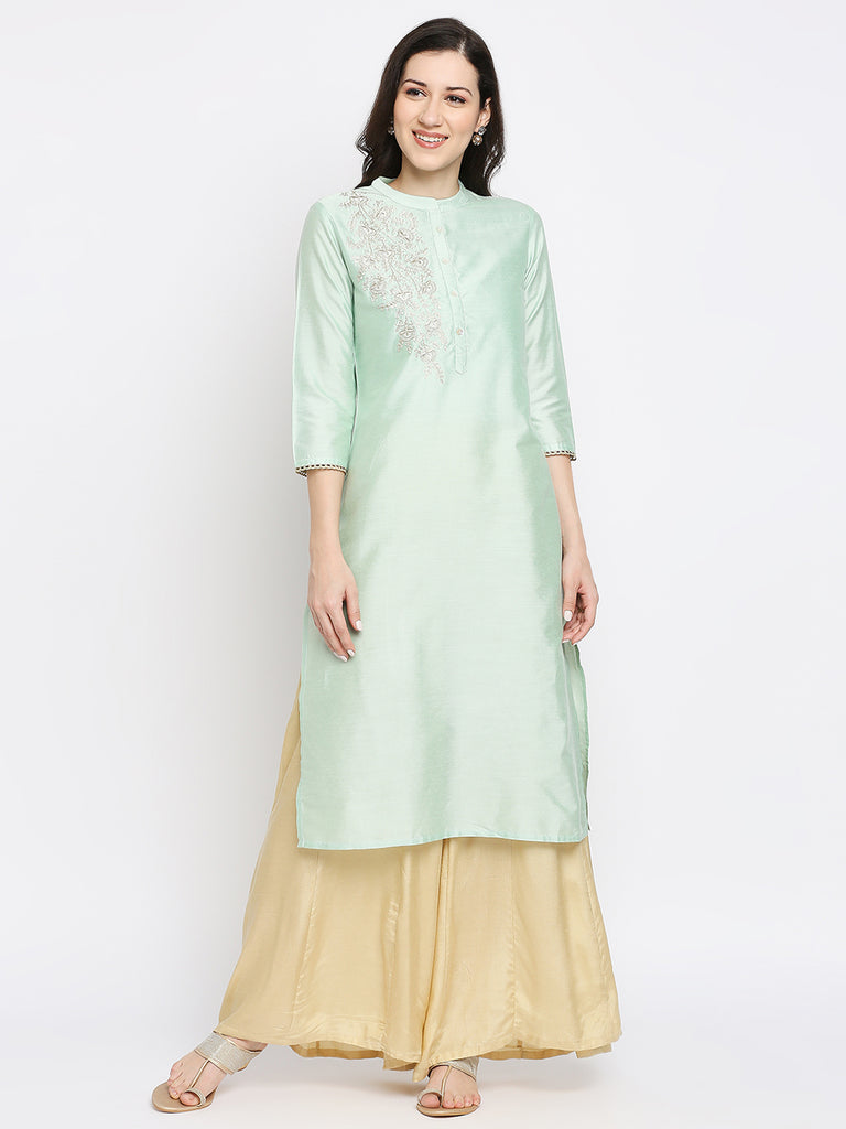 Women's Light Green Viscose Embroidered Kurta