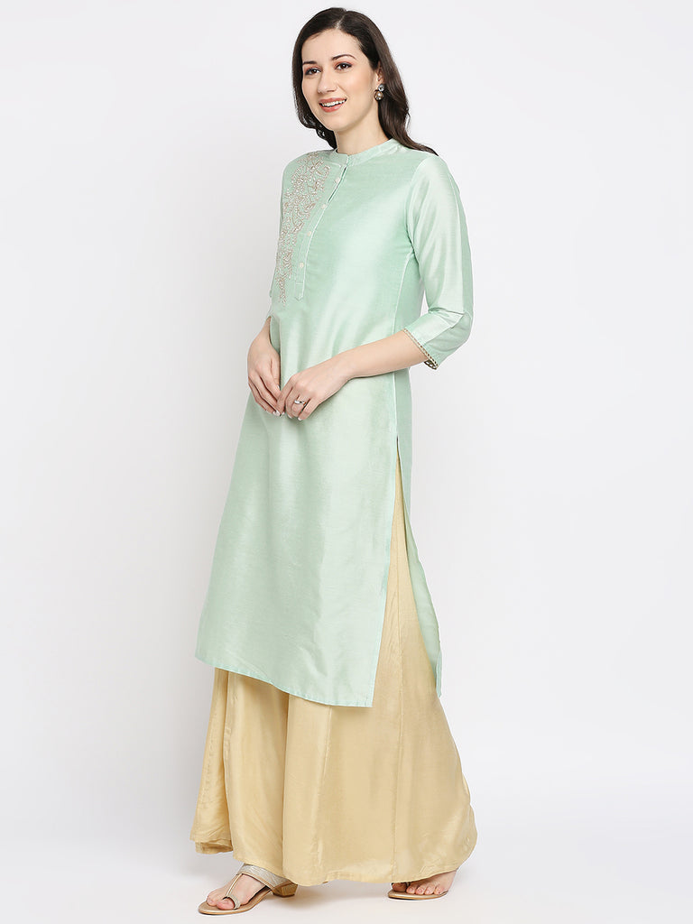 Women's Light Green Viscose Embroidered Kurta
