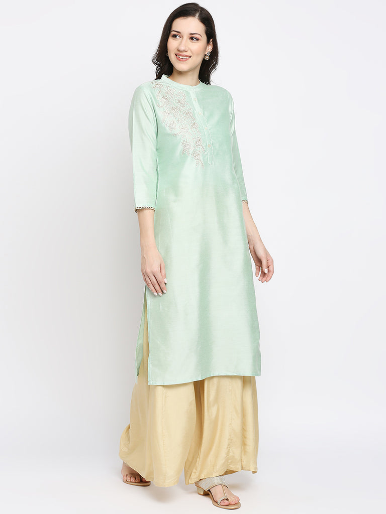 Women's Light Green Viscose Embroidered Kurta
