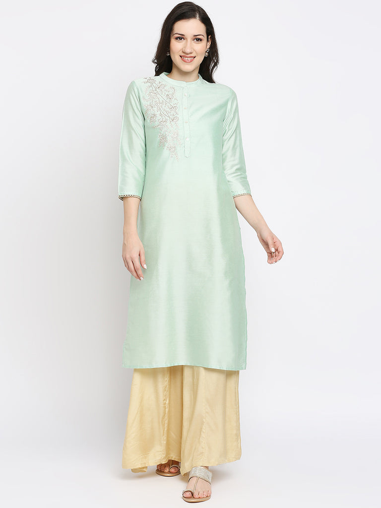 Women's Light Green Viscose Embroidered Kurta
