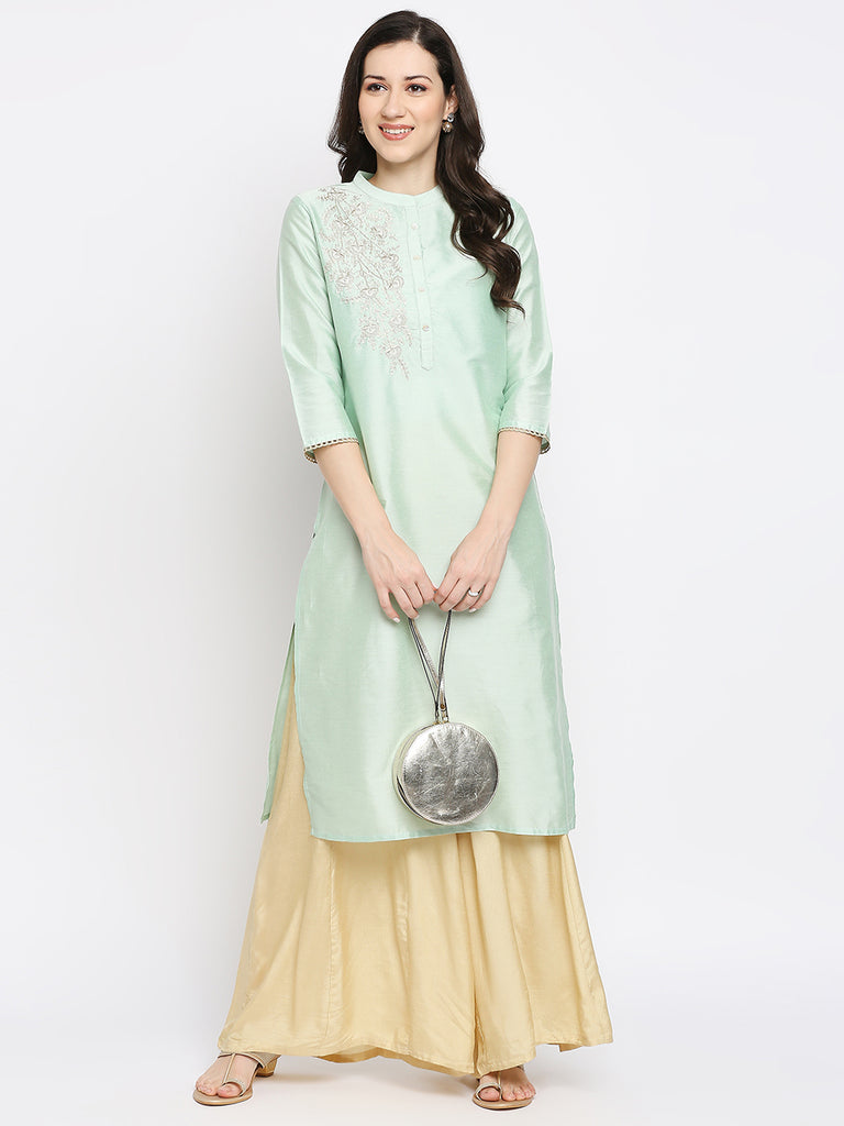 Women's Light Green Viscose Embroidered Kurta