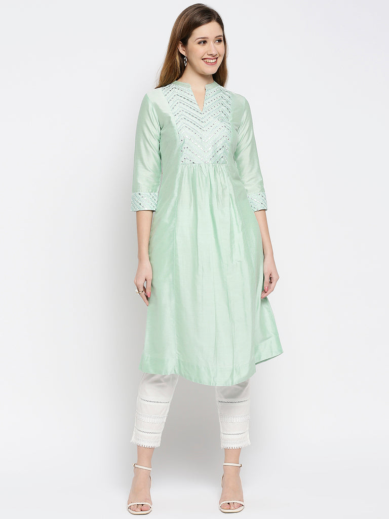 Women Pista Green Viscose Embroidered Kurta