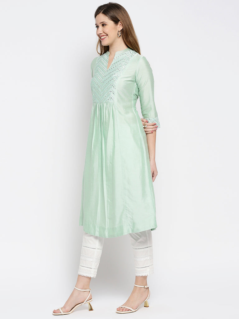 Women Pista Green Viscose Embroidered Kurta