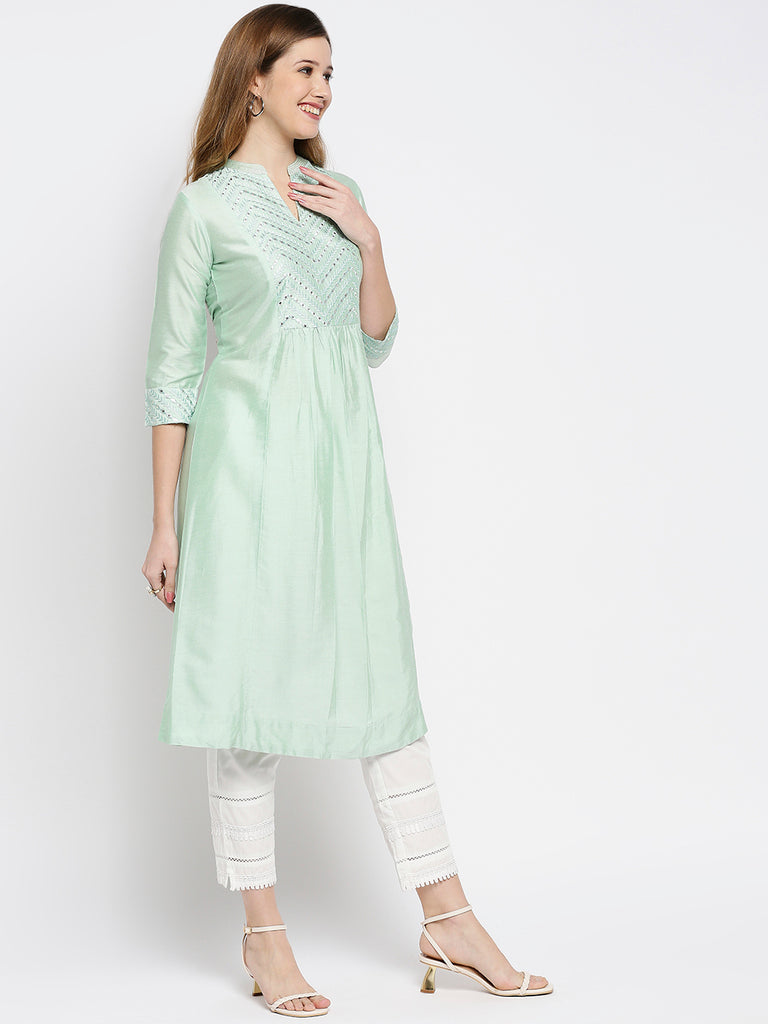 Women Pista Green Viscose Embroidered Kurta