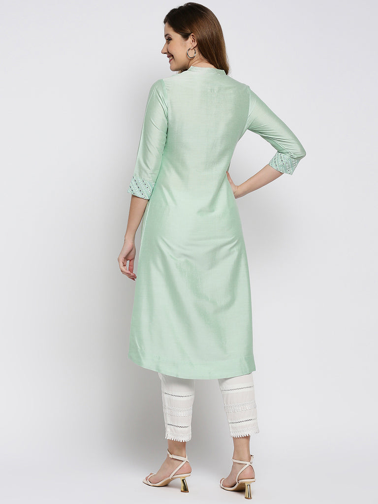 Women Pista Green Viscose Embroidered Kurta
