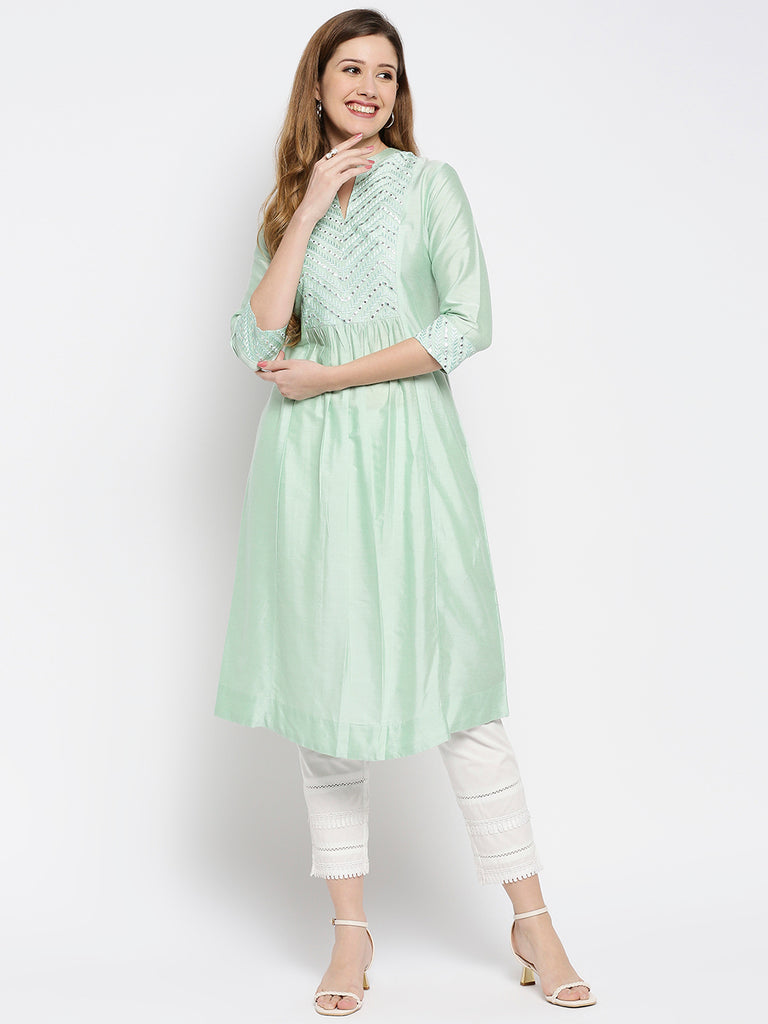 Women Pista Green Viscose Embroidered Kurta