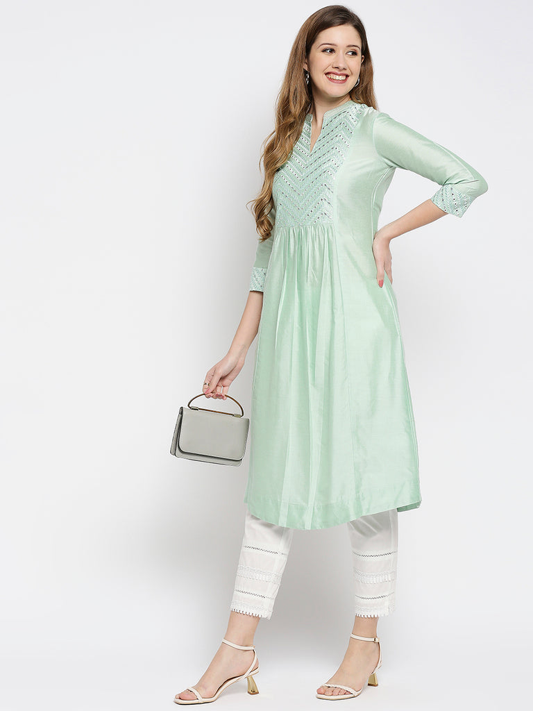 Women Pista Green Viscose Embroidered Kurta