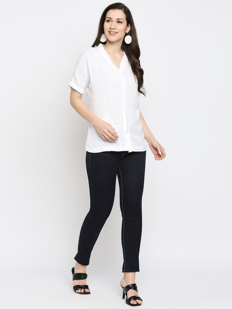Women's White Viscose Embroidered Nylangan Topwear