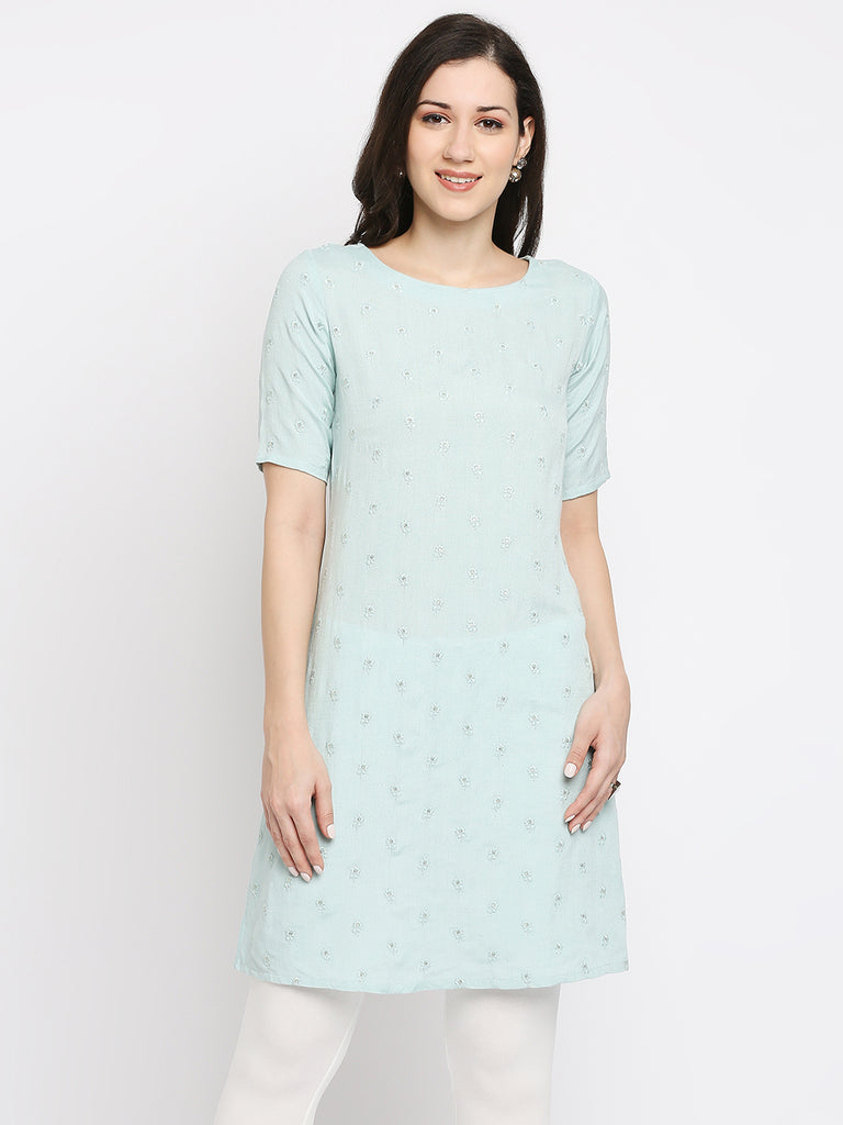 Women's Sky Blue Viscose Embroidered Nylangan Topwear
