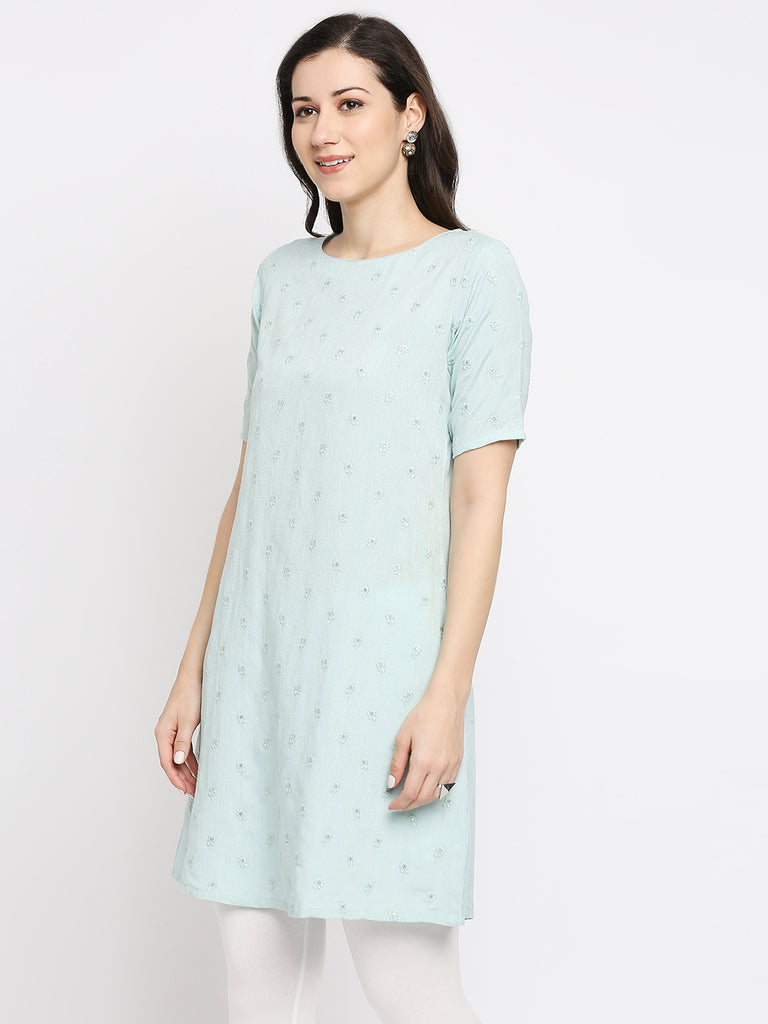 Women's Sky Blue Viscose Embroidered Nylangan Topwear