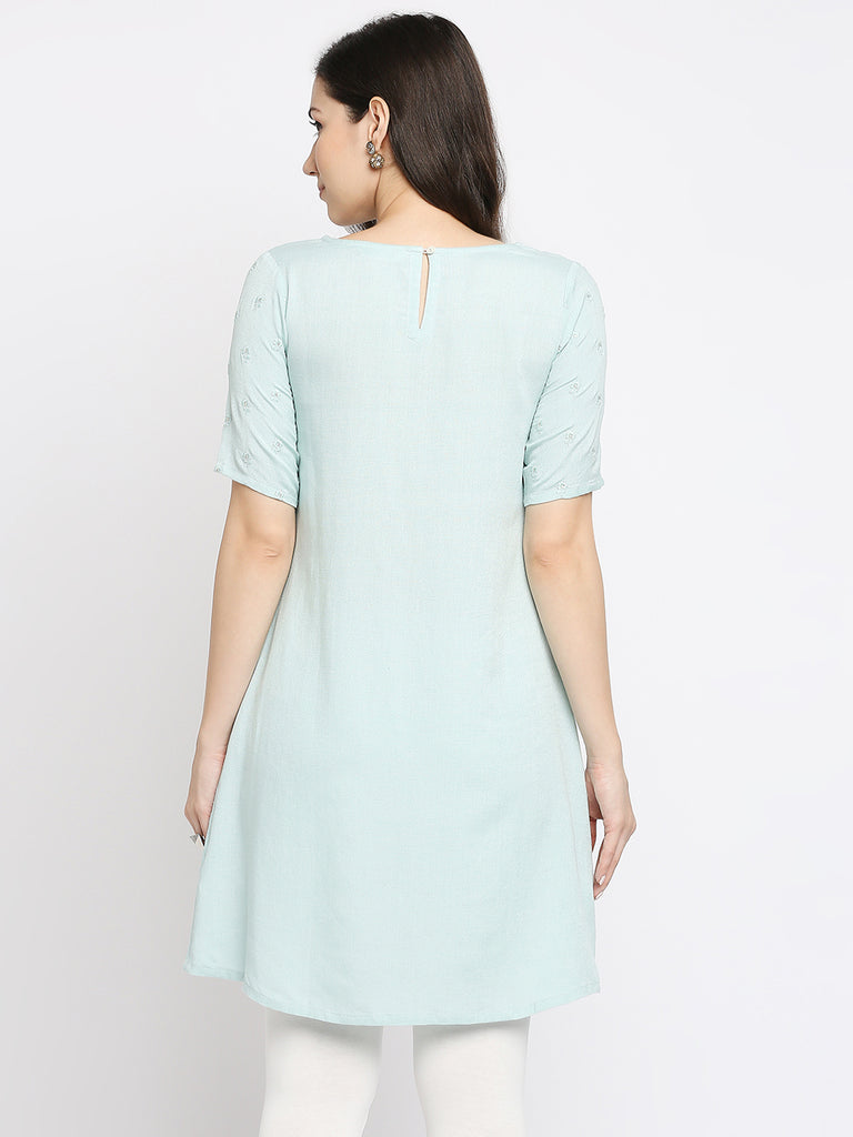 Women's Sky Blue Viscose Embroidered Nylangan Topwear