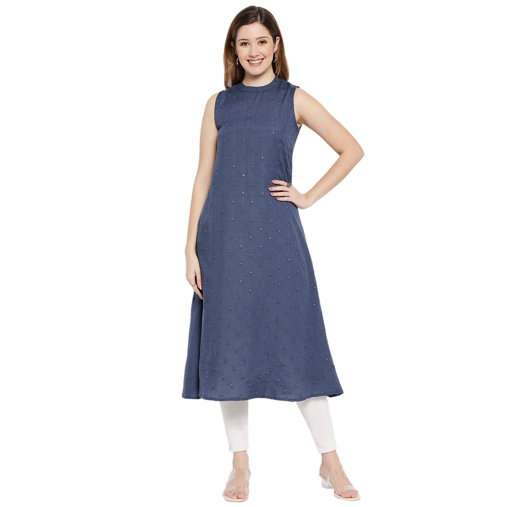 Women Blue Viscose Embroidered Kurta