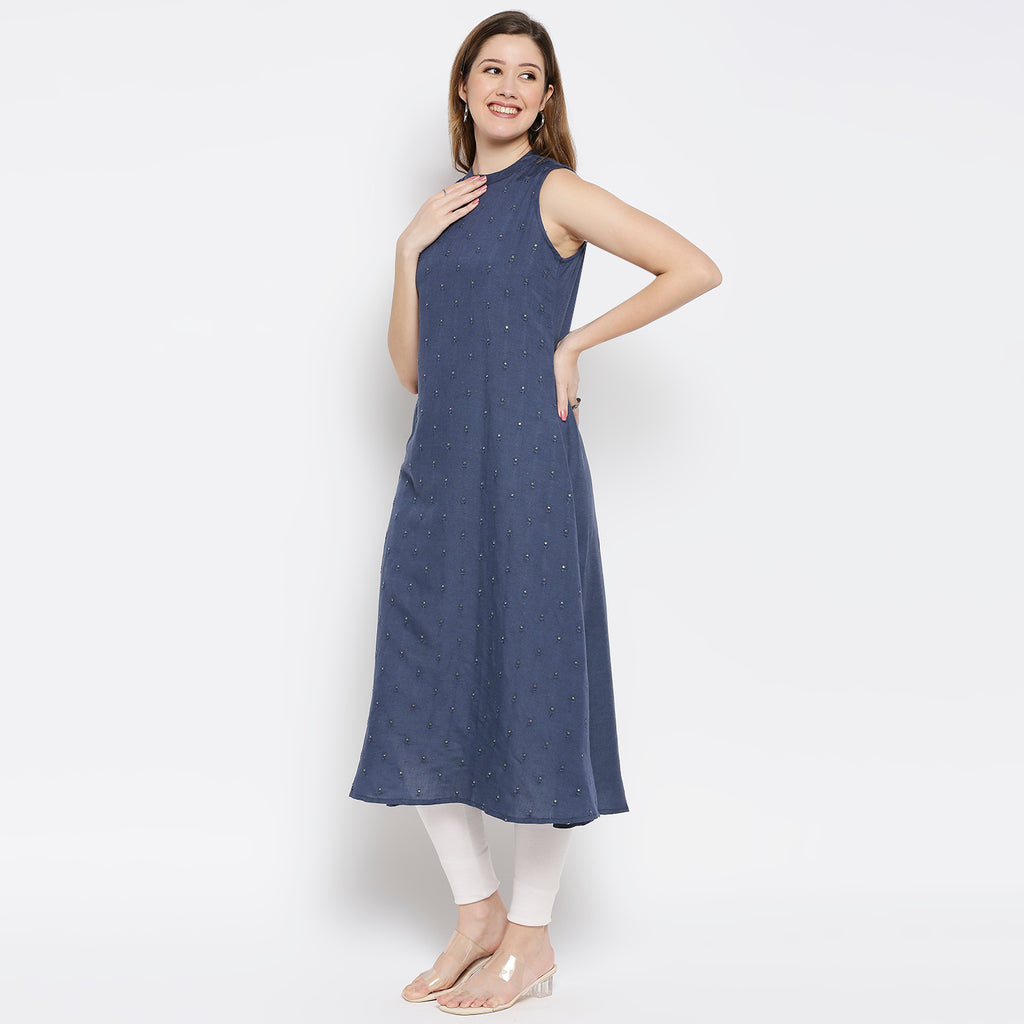 Women Blue Viscose Embroidered Kurta