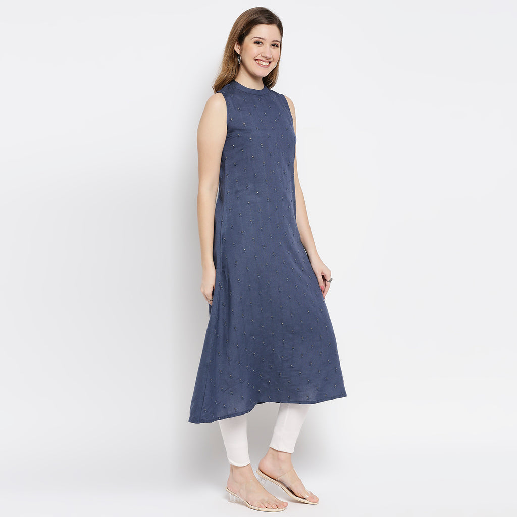 Women Blue Viscose Embroidered Kurta