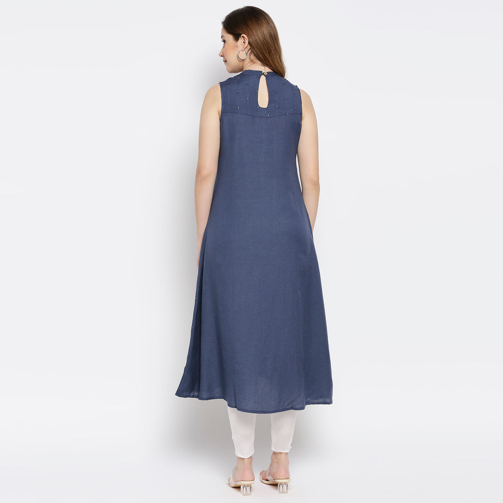 Women Blue Viscose Embroidered Kurta