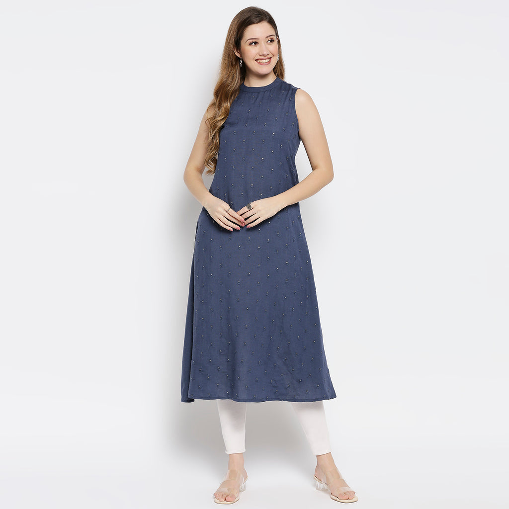 Women Blue Viscose Embroidered Kurta