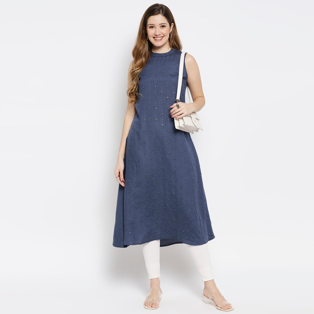 Women Blue Viscose Embroidered Kurta