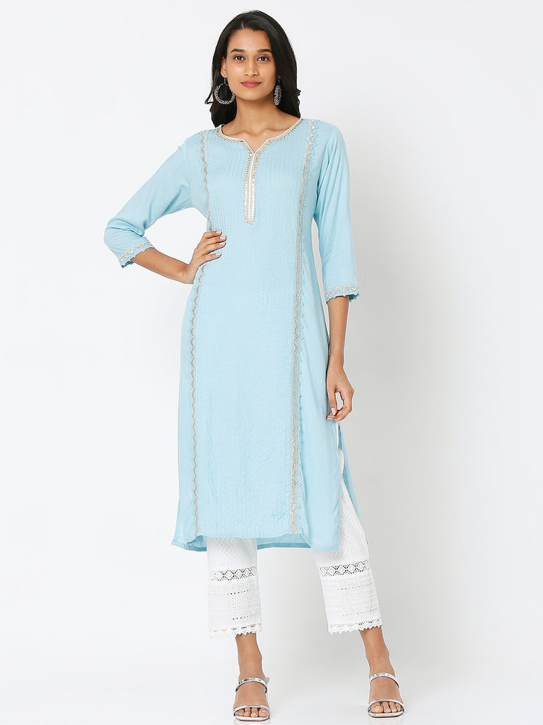 Women's Light Blue Viscose Embroidered Kurta