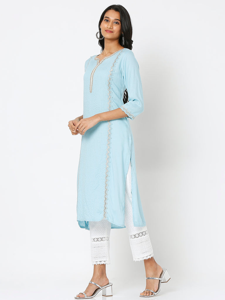 Women's Light Blue Viscose Embroidered Kurta