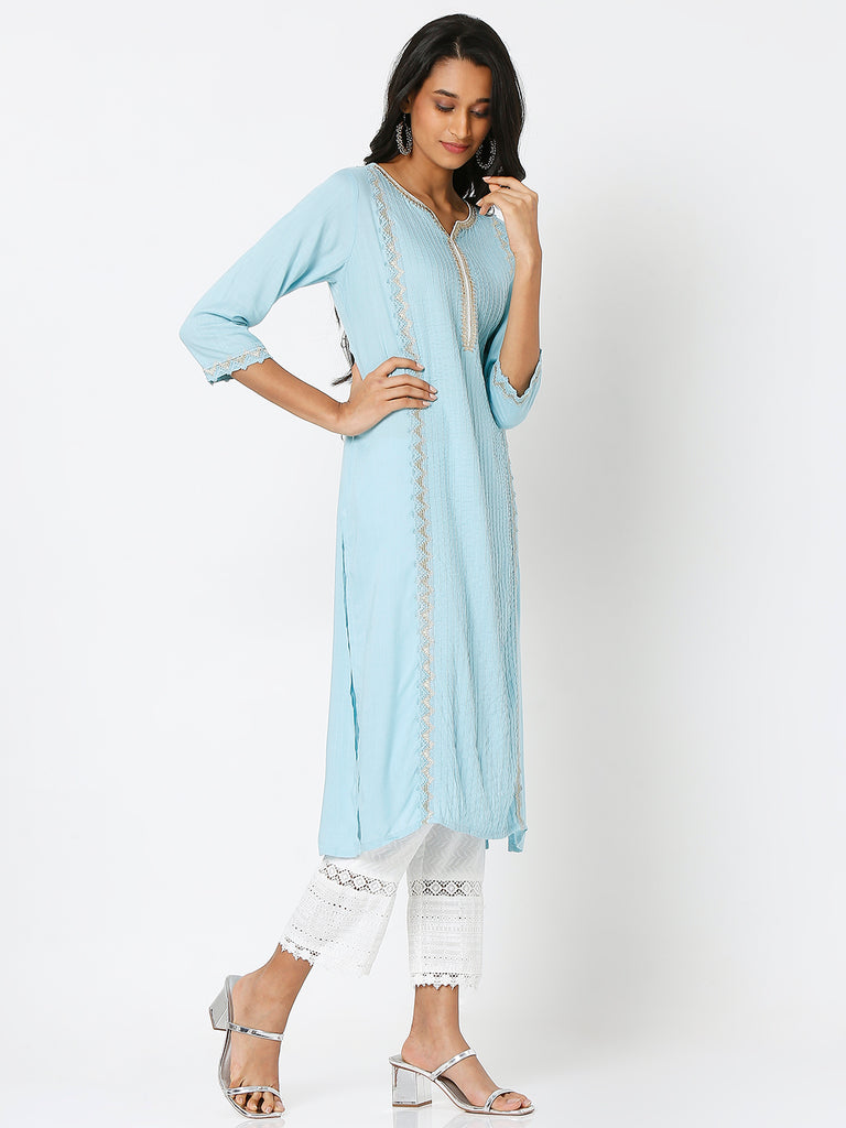 Women's Light Blue Viscose Embroidered Kurta