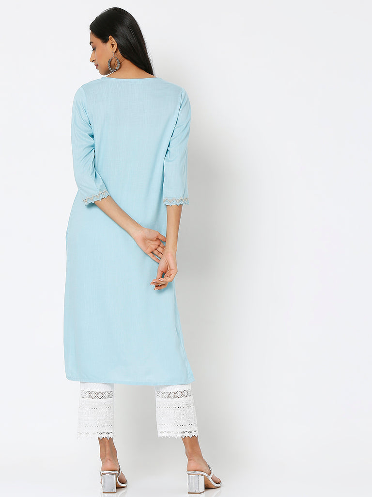 Women's Light Blue Viscose Embroidered Kurta