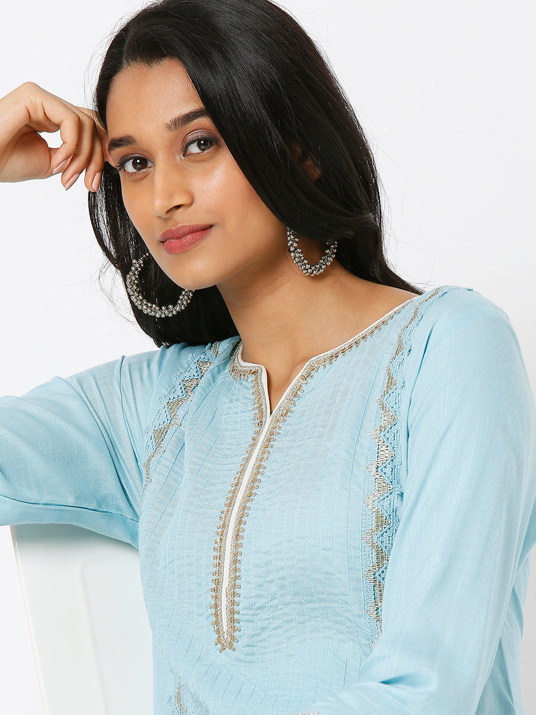 Women's Light Blue Viscose Embroidered Kurta