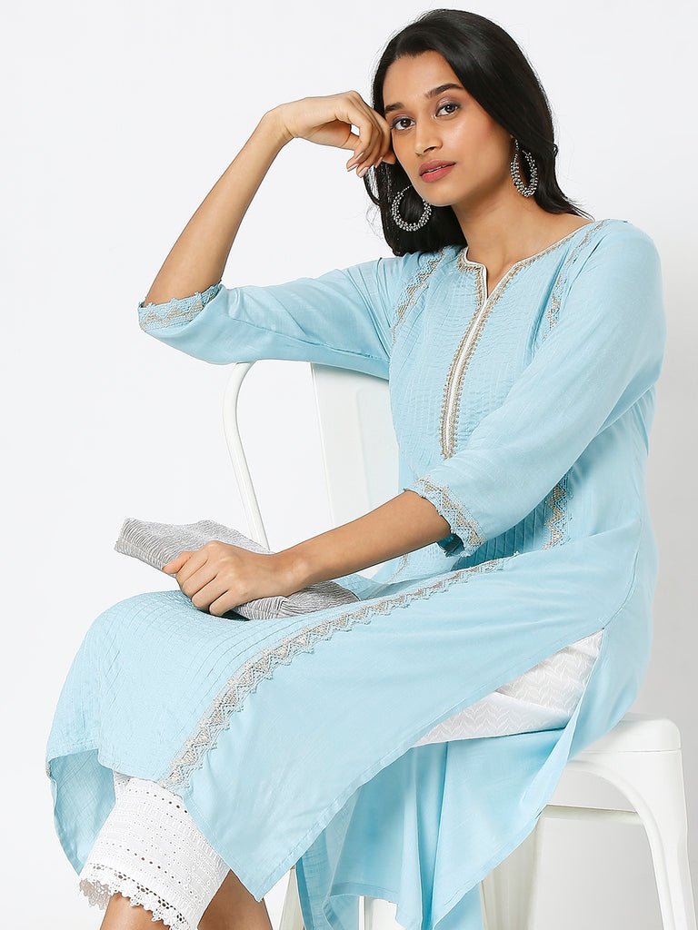 Women's Light Blue Viscose Embroidered Kurta