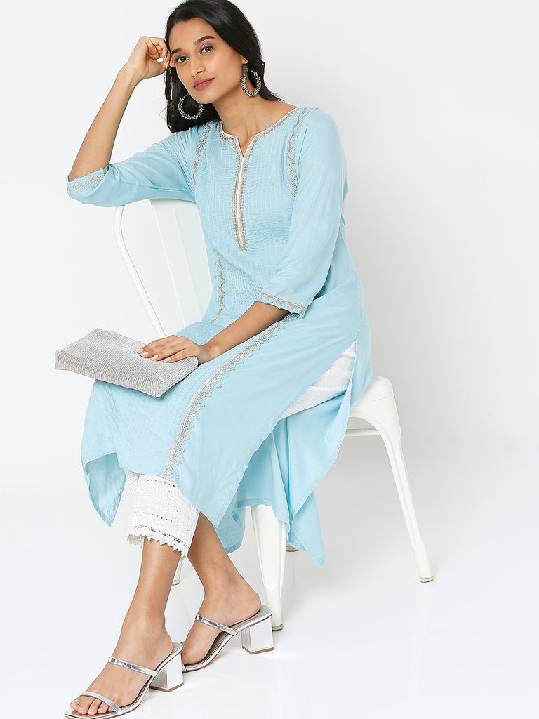 Women's Light Blue Viscose Embroidered Kurta