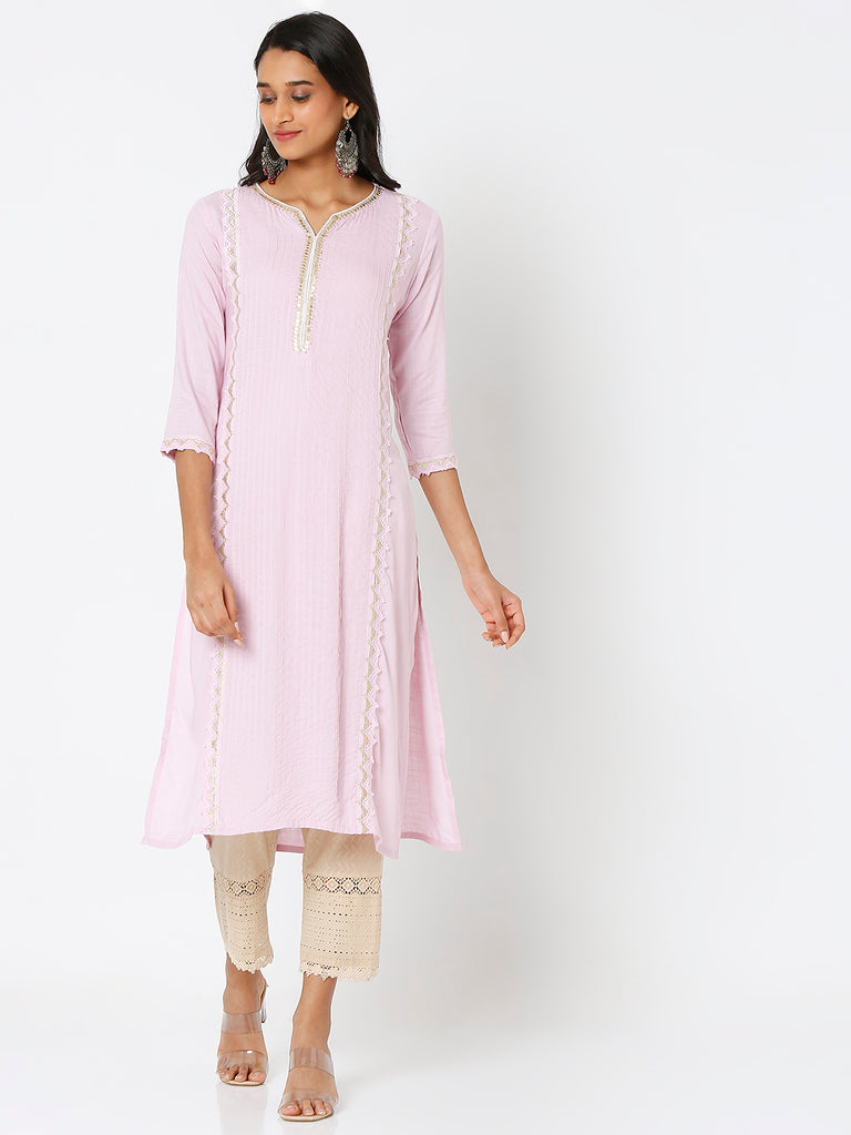 Women's Lavender Viscose Embroidered Kurta