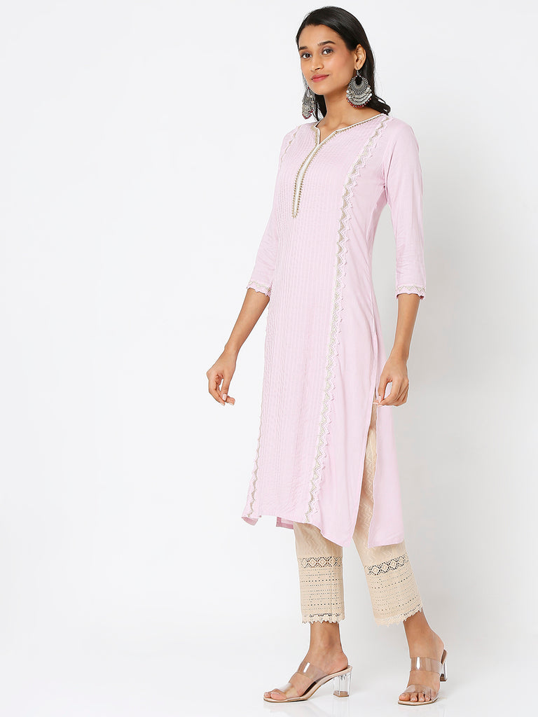 Women's Lavender Viscose Embroidered Kurta