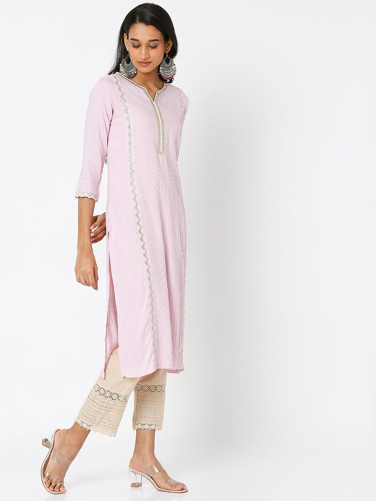 Women's Lavender Viscose Embroidered Kurta