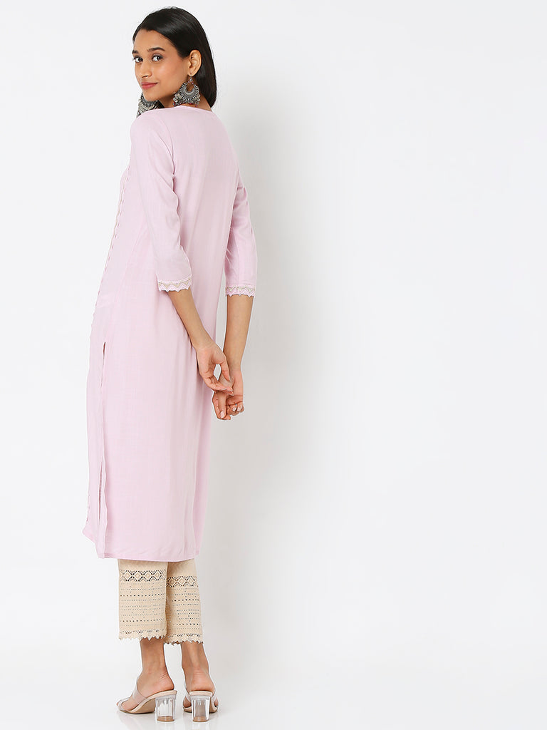 Women's Lavender Viscose Embroidered Kurta