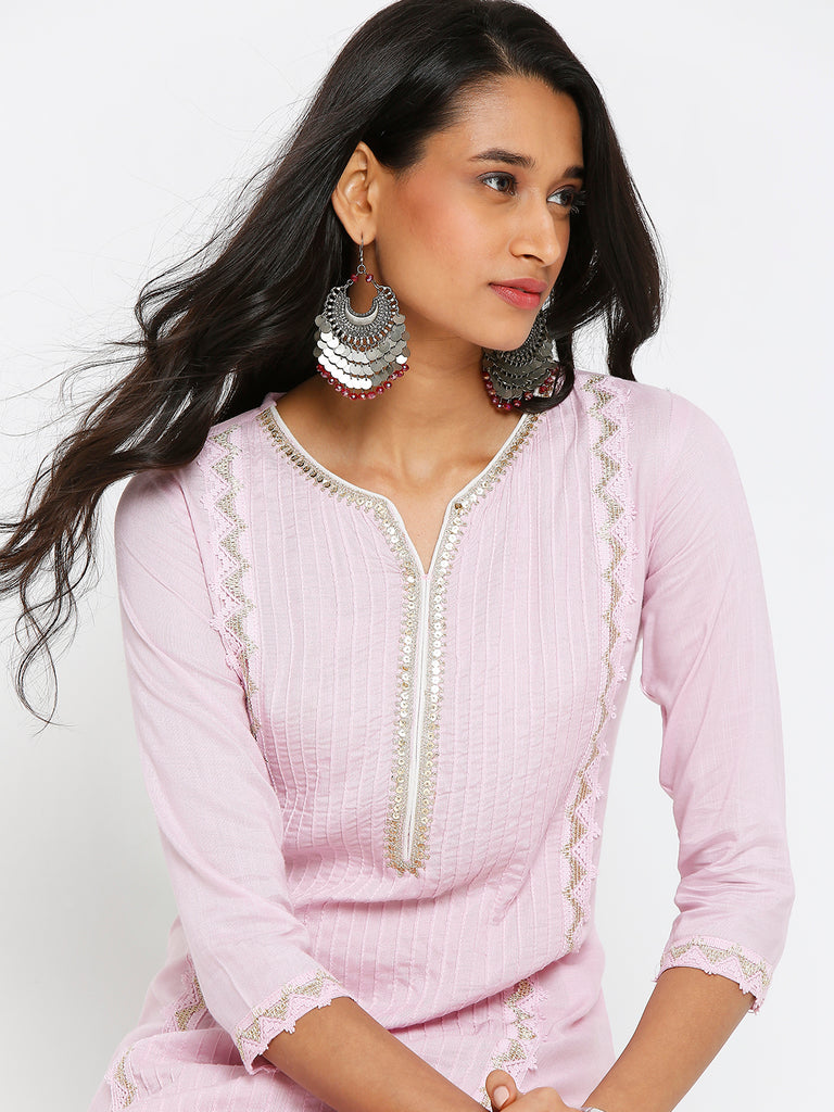 Women's Lavender Viscose Embroidered Kurta