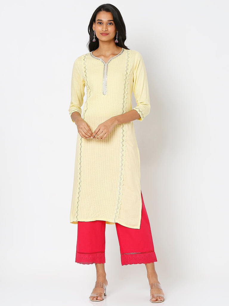 Women's Light Yellow Viscose Embroidered Kurta