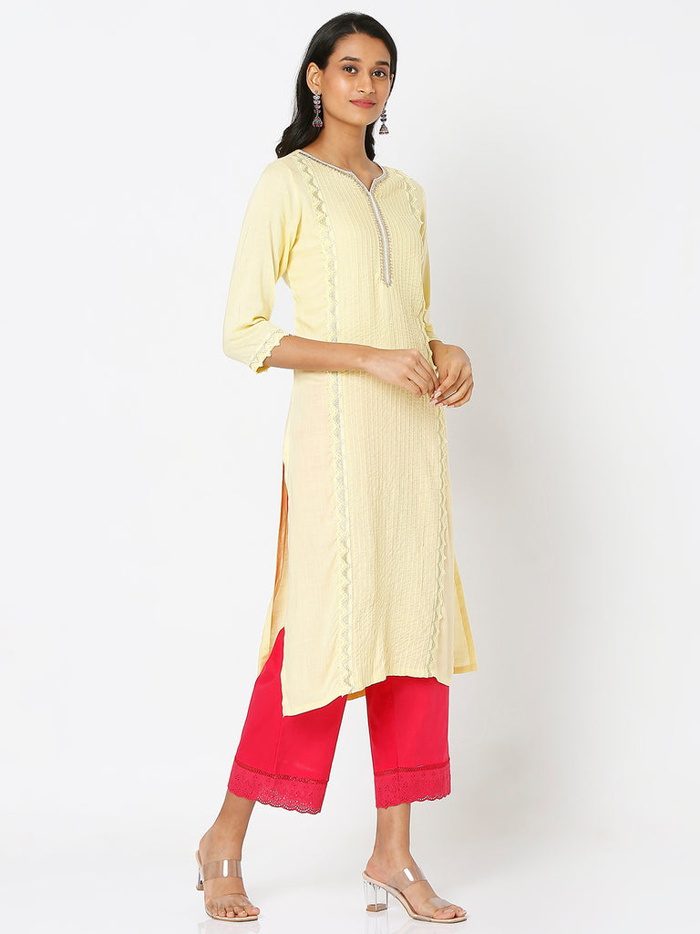 Women's Light Yellow Viscose Embroidered Kurta